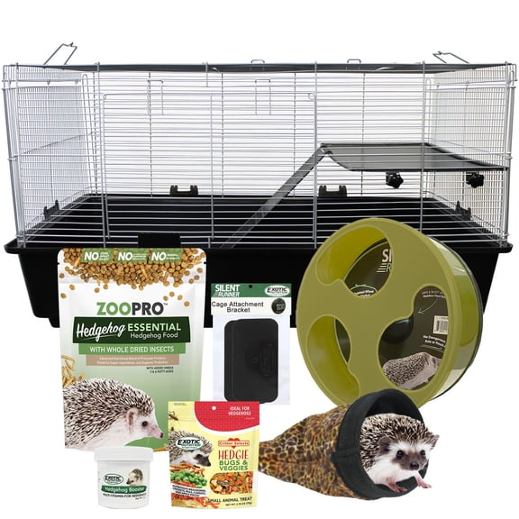 Exotic Nutrition Hedgehog Home & Starter Package - Includes Durable Cage, Exercise Wheel, Healthy Food, Natural Treat, Multi-Vitamin & Hideout