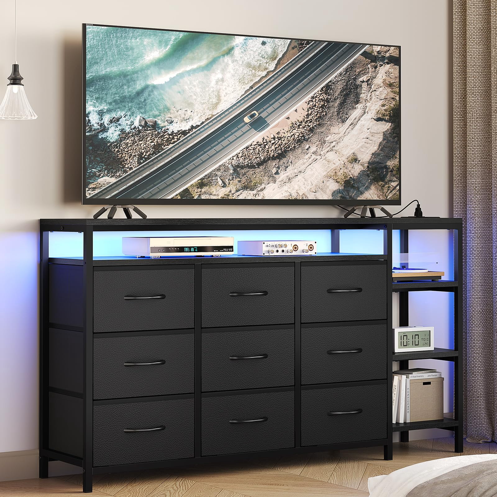 9 Drawers Dressers with LED Lights & Powers Outlets, 53" TV Stand Dresser for 60 Inch TV, Entertainment Center with Drawers & Open Shelves for Living Room, Bedroom, PU Black