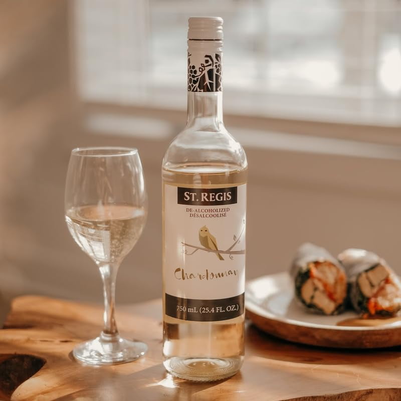 ST. REGIS Non-Alc Chardonnay 25.4 Fl Oz (1 Pack) - Low Calorie and Sugar - Golden Yellow Floral and Fruity Rich Flavor from North of Spain Vineyards -
