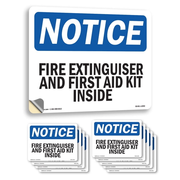Fire Extinguisher And First Aid Kit Inside OSHA Notice Vinyl Decal Label 14 Inch x 10 Inch - 10 Pack