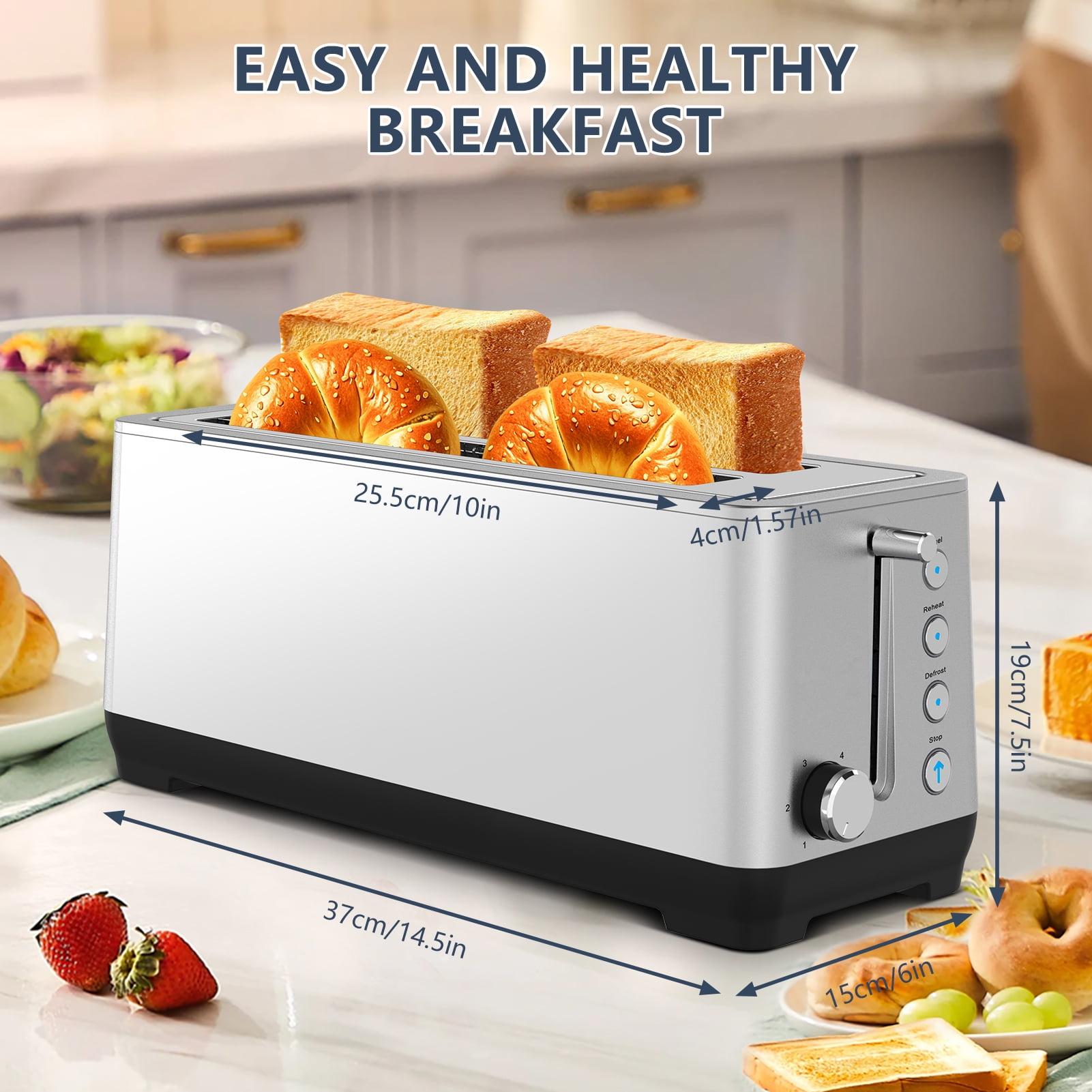 2-slot stainless steel toaster, 1.5-inch wide slot + dual independent control, 6-speed baking color adjustment, support bread/bagel size 37×15×19cm