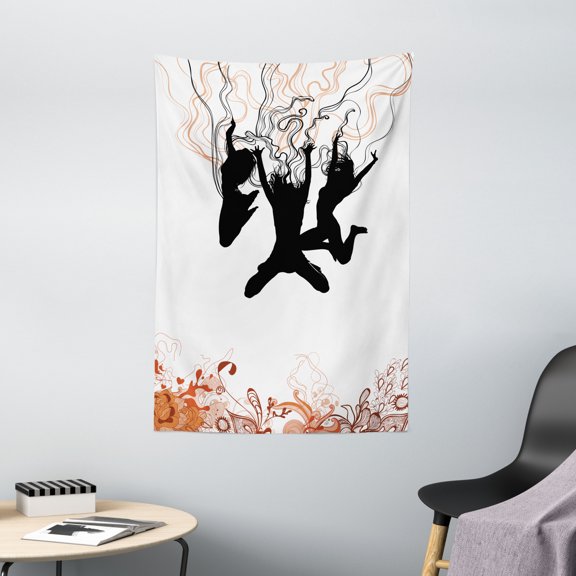 Dance Tapestry, Jumping Teenagers Silhouette Dynamic and Energic Youth Theme Aquatic, Wall Hanging for Bedroom Living Room Dorm Decor, 40"W X 60"L, Burnt Orange Salmon Black, by Ambesonne