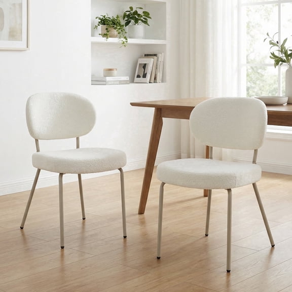 ENYLAY Comfortable Padded Teddy Fabric Kitchen Dining Chair, Armless Upholstered Accent Chair with Black Metal Legs, Versatile Side Chair for Dining Room Bedroom(Set of 2,Beige)