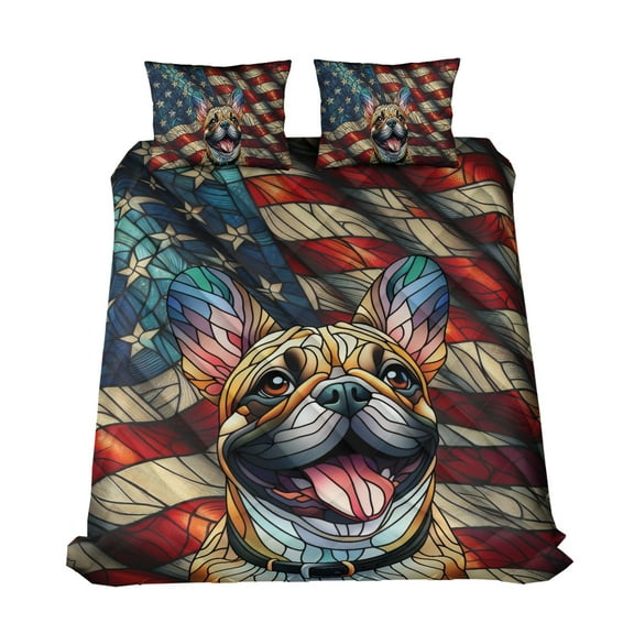 Patriotic French Bulldog Stained Glass Portrait American Flag Quilt Bedding Set Dog Lover Gifts 1 Blanket Bed Cover 2 Pillowcases - 01010