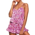 thumbnail image 1 of Puntoco Pijama para mujer, conjunto informal con dobladillo con volantes y estampado de bloques de colores, ropa de casa, pijama sexy con tirantes, 1 of 5