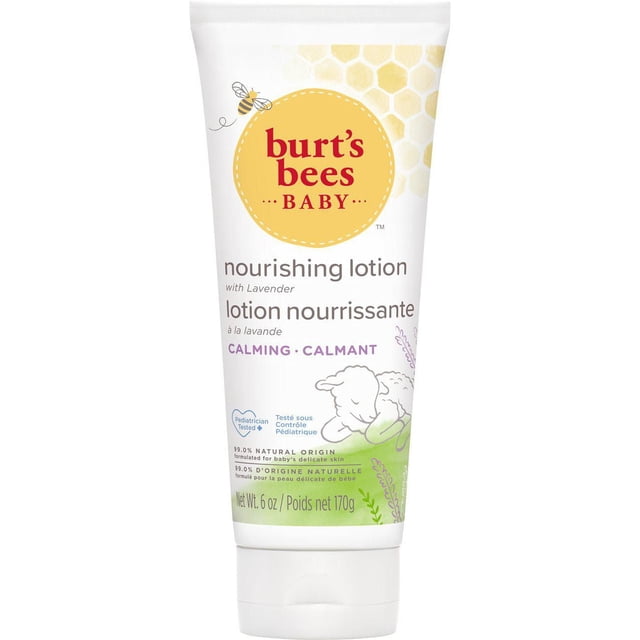 Burt’s Bees Baby Bee Calming Nourishing Lotion Lavender in a white 170g tube with yellow logo and honeycomb pattern, pediatrician tested and 99% natural, formulated to moisturize and soothe baby skin with calming lavender scent and a sleeping lamb illustration.