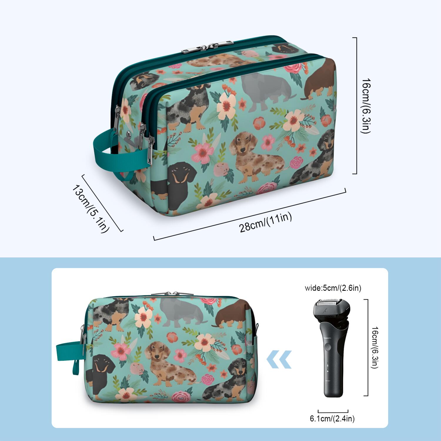 Toiletries Bag,Dachshund and Flower Mens Womens Toiletry Bag Bathroom Bag,Waterproof Toiletry Travel Bag Dopp Kit Shaving Bag 11x6.3x5.1 Inch