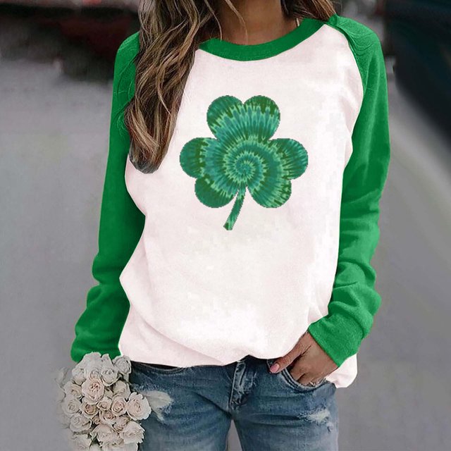 Mikilon Women's Spring Patchwork St. Patrick's Day Printed Long Sleeves Round Neck Casual Tee Tops