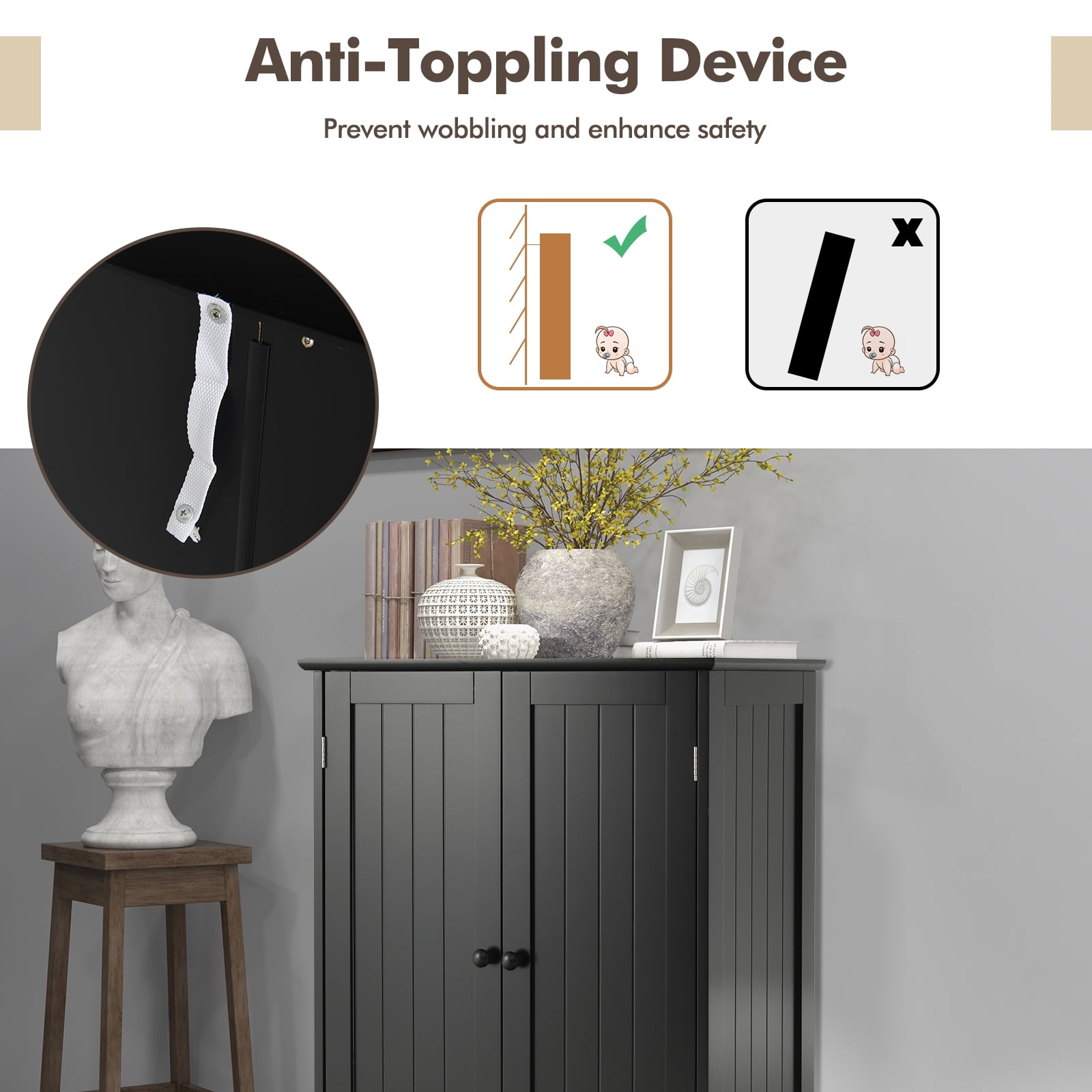 Topbuy Bathroom Storage Cabinet Freestanding Display Storage Organizer Cabinet w/ Double Doors Modern 3-Tier Floor Cabinet