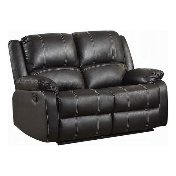 Zuru Motion Manual Recliner Loveseat- Pillow Top- Black Faux Leather