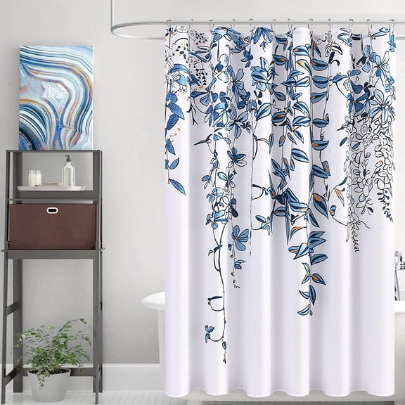 Floral Leaf Shower Curtain Plant Tropical Shower Curtain Bathroom Shower Curtain Set Linen Textured Fabric Bath Curtain Neutral Blue Shower Curtains for Beach Hotel Bathtubs with 12 Hooks, 72x72 Inch