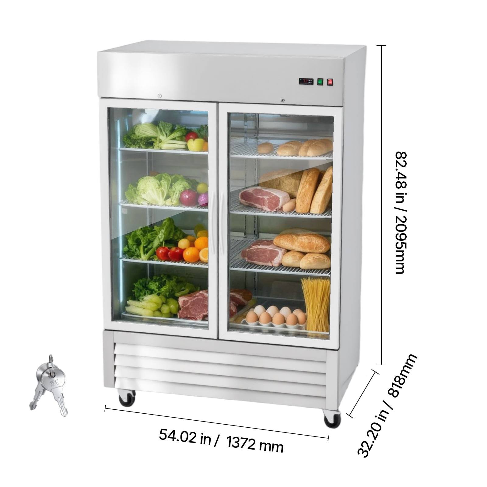 KFFKFF Commercial Stainless Steel Refrigerator 54" W, 44 Cu.Ft Upright Fridge with Double Glass Doors, Auto-Defrost, 8 Adjustable Shelves, 32-50℉ Temperature Range, ETL Certified