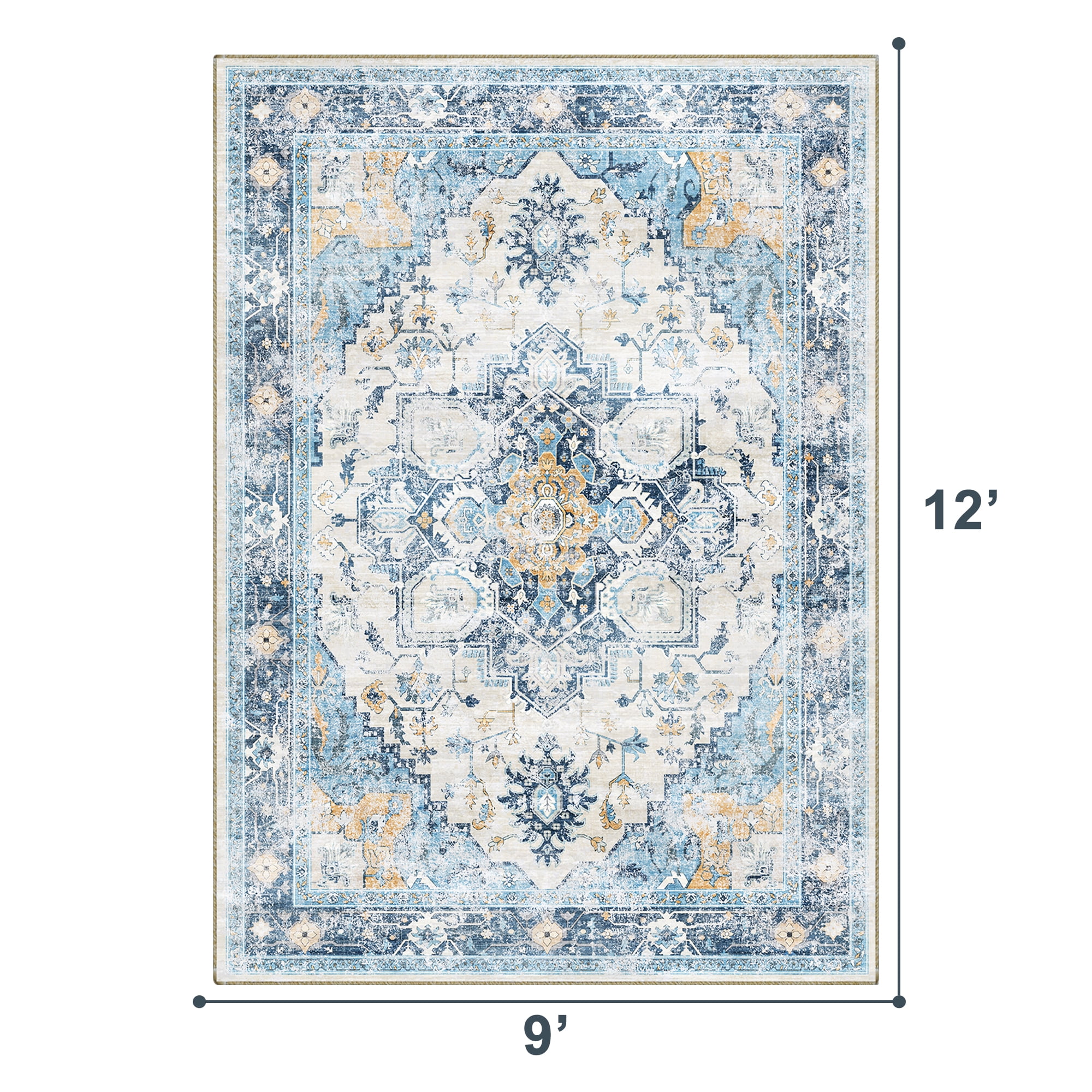 Pentantan Area Rugs for Living Room, Boho 9'x12' Washable Bedroom Rug, Non Slip Indoor Carpet, Blue