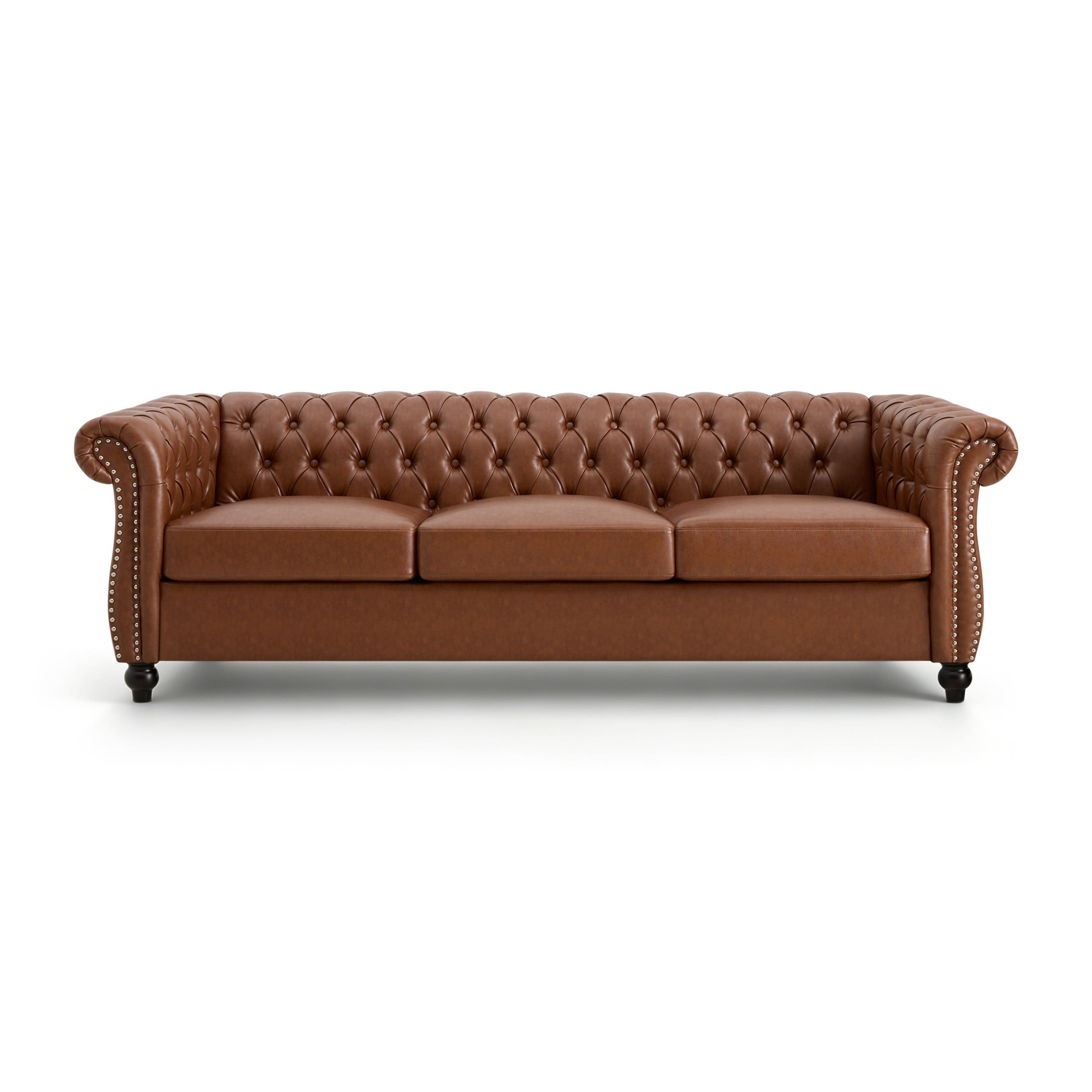 Christopher Knight Home Chesterfield 3-Seater Sofa, Tufted PU Leather Couch with Rolled Arms, Brown