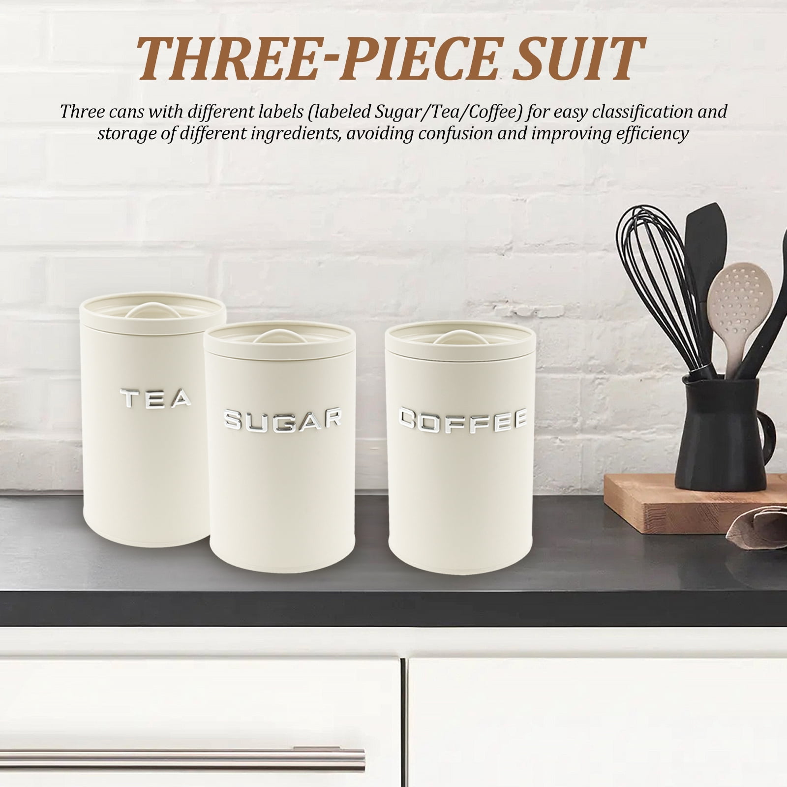3 Pack Kitchen Canisters with Lids Airtight Metal Canister Set, Food Storage Containers Jars for Coffee, Sugar, Tea, Flour, Rustic Kitchen Decor Containers