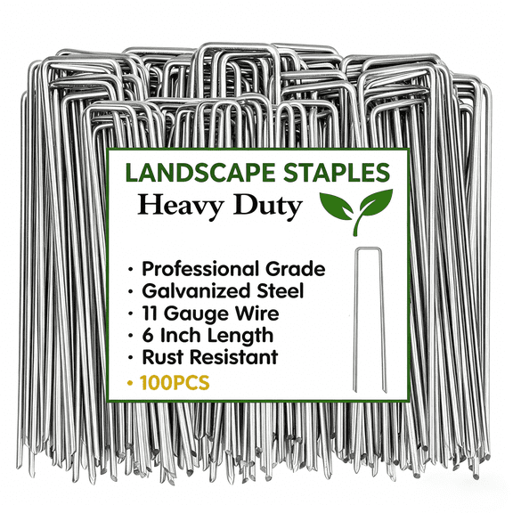 100 Pack 6in Heavy Duty U-Shaped Securing Stakes Pins Garden Stakes Pins-Sod Fence Staples Galvanized Steel for Anchoring Landscape Fabric, Netting, Irrigation Hoses, Ground Mat