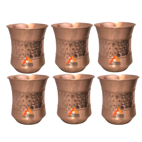 Ananya Fashion and Crafts Hub Pure Copper Drinking Tumbler 300 ml / 10.14 oz, Hammered Copper Water Glass Cup Ayurveda Set of 6 Piece