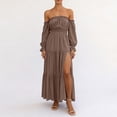 thumbnail image 4 of Dolkfu Long Sleeve Women'S Dresses Brown Pull-on Refined Boat Neck Sundress Solid Maxi Retro Vintage Relaxed Fit Dresses Coffee,L, 4 of 6