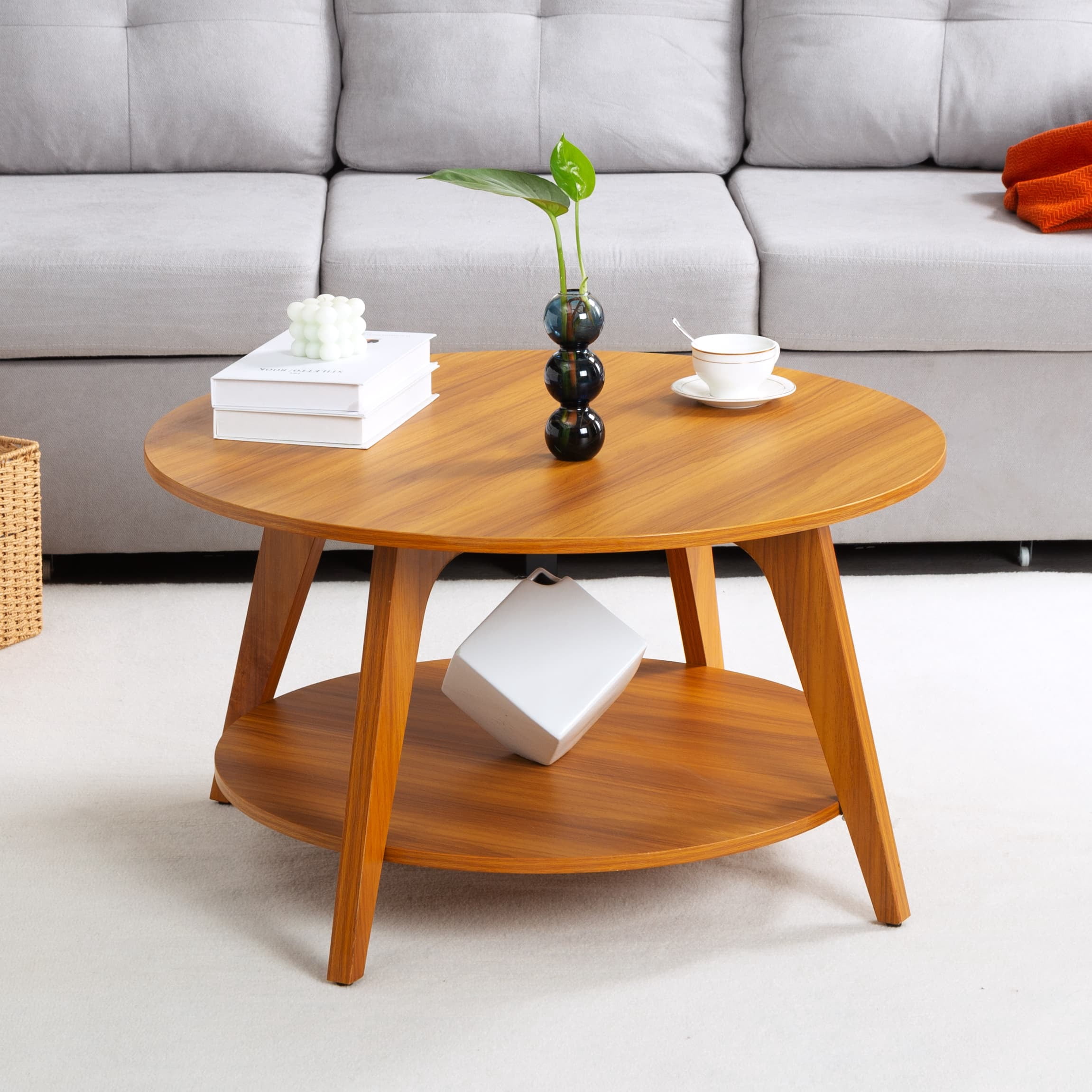 BSHTI 31.5” Round Side Table, 2-Tier Storage Space, Rounded Profile, MDF with Walnut Pattern, Non-Slip Rubber Feet, with Slight Height Adjustable, Natural