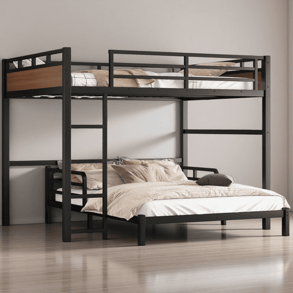 Queen over Queen Metal Bunk Bed, Separable into 2 Beds, Loft Style with Raised Security Fence, Heavy Duty Frame for Teens Adults, Space Saving, Walnut