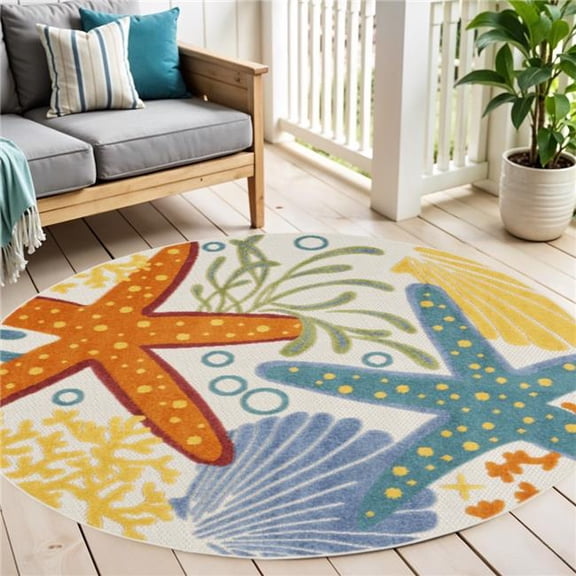 HomeRoots 546826 4 ft. Blue Yellow & Orange Round Starfish Indoor & Outdoor Area Rug