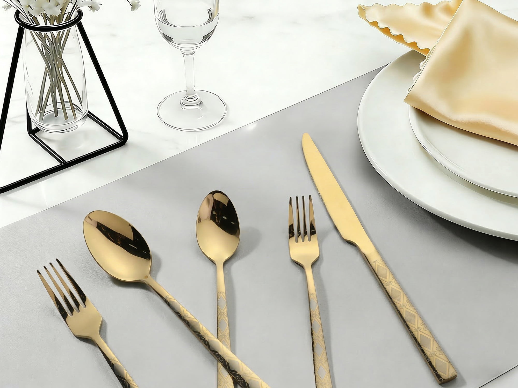 Unique Bargains 20 Piece Stainless Steel Flatware Set for 4 Vintage Cutlery Gold