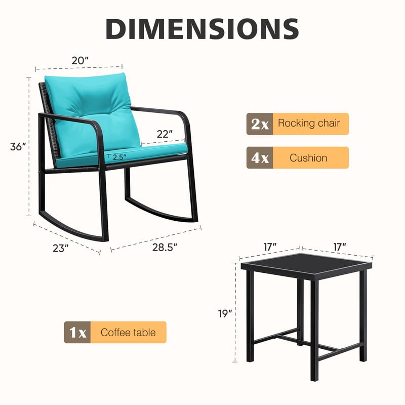 Vineego 3 Pieces Patio Conversation Sets Outdoor Rocking Chair PE Rattan Bistro Rocker with Coffee Table, Blue