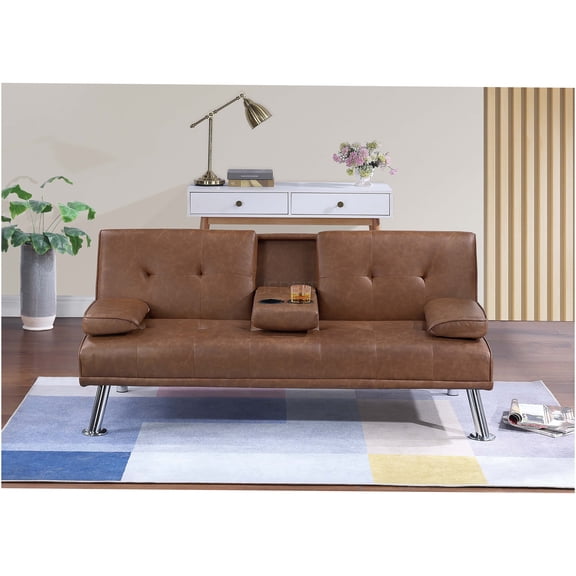 JERFIT Brown Convertible Sofa Bed with Foldable Table & Cup Holders, Faux Leather Upholstered Sleeper Couch for Small Space