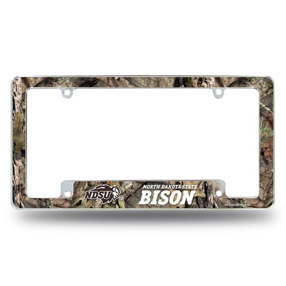 North Dakota State NDSU NCAA Bison Chrome Metal License Plate Frame with Bold Mossy Oak Camouflaged Camo Design