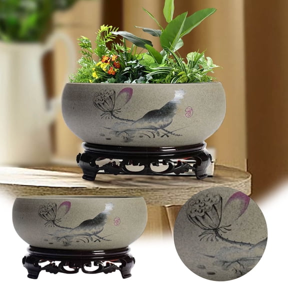 Chinese Ceramic Bowl Planter with Stand for Hydroponics - Indoor Outdoor Flower Pots for Bonsai and Garden