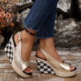thumbnail image 4 of Rokment Women's Metallic Checkered Wedge Heeled Dressy Sandals Vintage Fashion Casual Leather Platform Chunky High Heels Slingback Summer Dress Shoes for Ladies Banquet Gold Size 6.5, 4 of 5