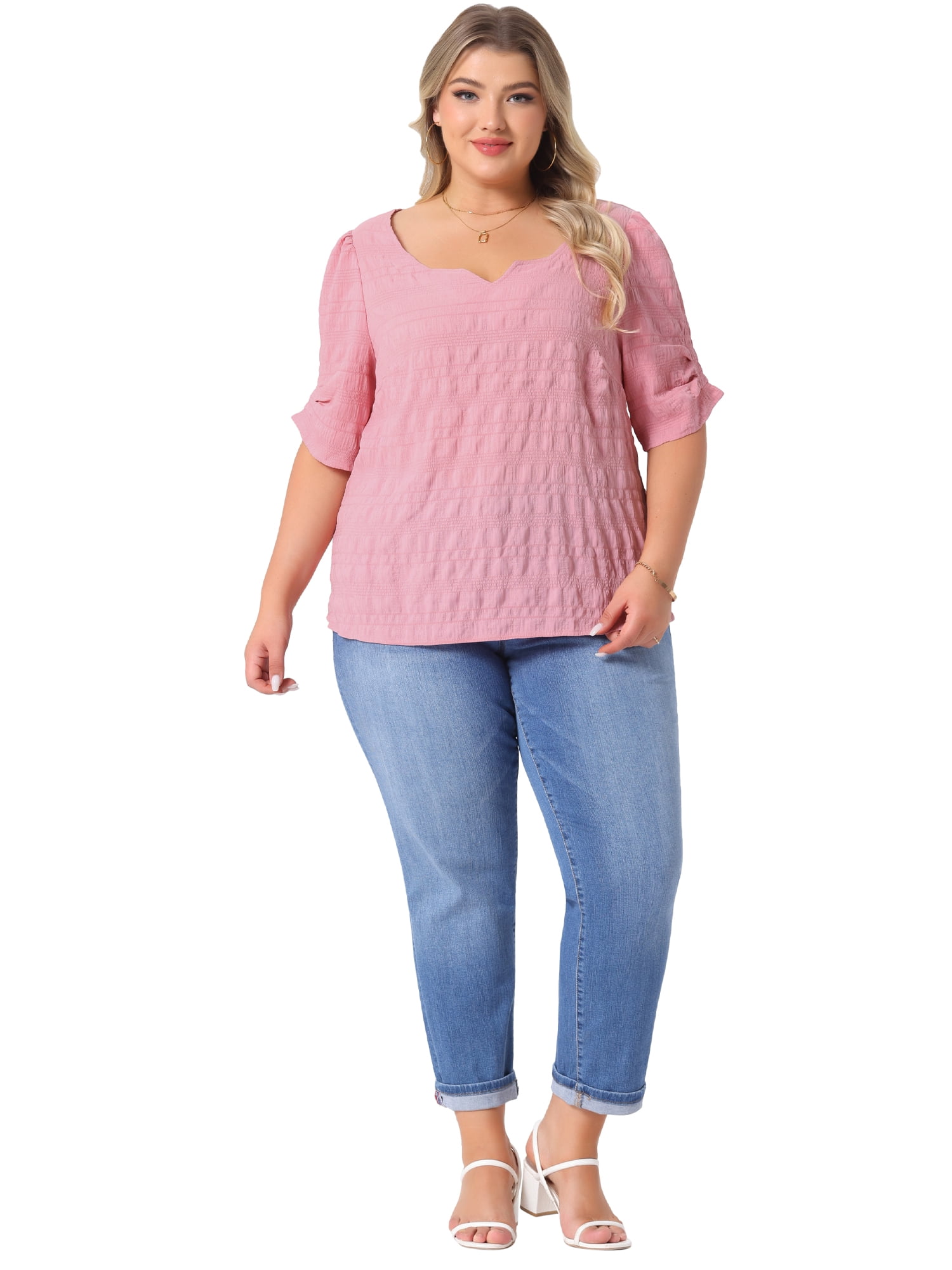 DARING DIVA Women's Plus Textured Notched V Neck Blouse 4X Pink