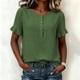 thumbnail image 2 of ClodeEU Women's Crew Neck Short Sleeve Henley Blouse,Casual Solid Color Linen Blend Top Green,Women's Plus XXXL, 2 of 8