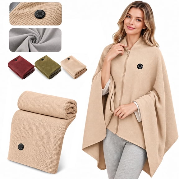 Heated Shawl Wrap, Portable Cordless USB Wearable Blanket for Women, Warm Hooded Heating Cape for Home Office Outdoor Fall Winter Use Beige