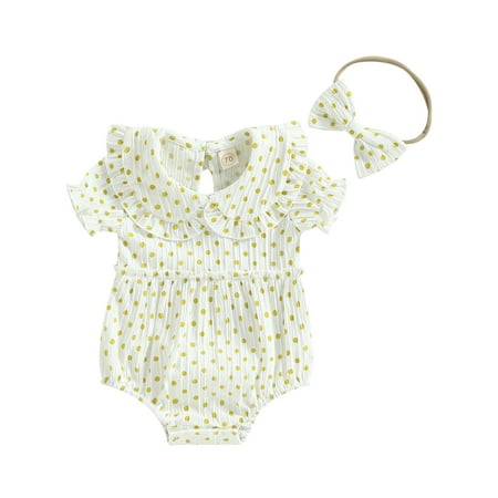 

Musuos Baby Girl Romper Polka Dot Short Sleeve Doll Collar Bodysuit with Headband