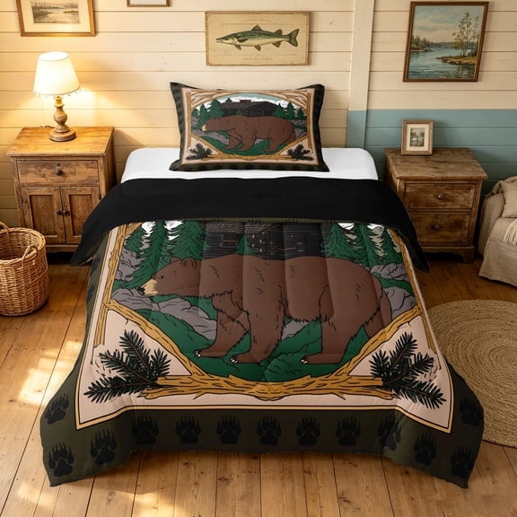 Manfei Vintage Bear Twin Comforter Sets, Cartoon Rustic Animal Bedding Set, Brown Green, Black Reversible, 2pcs, 1 Comforter and 1 Pillowcase
