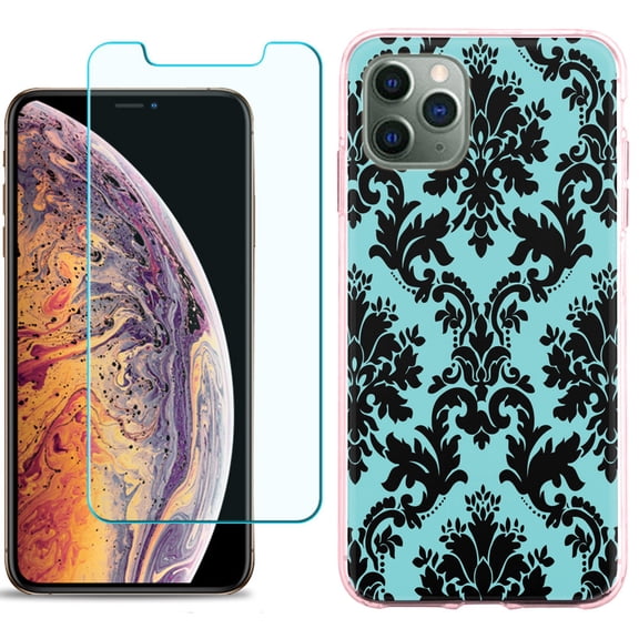 For Apple iPhone 11 PRO Case, Slim-Fit TPU Protective Phone Case (Pink Bezel) with Tempered Glass Screen Protector, by OneToughShield ® - Victorian Blue/Black