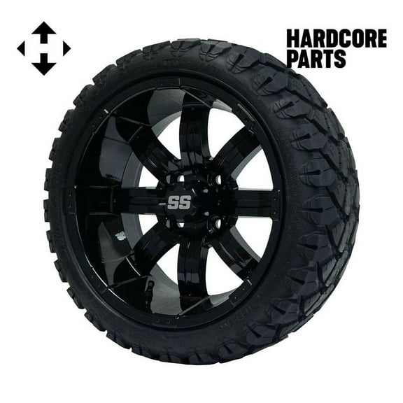 Hardcore Parts 14" Black 'TEMPEST' Golf Cart Wheels and 20"x8.5"-14 STINGER On-Road/Off-Road DOT rated All-Terrain tires - Set of 4, includes Black 'SS' center caps and 1/2x20 Black lug nuts