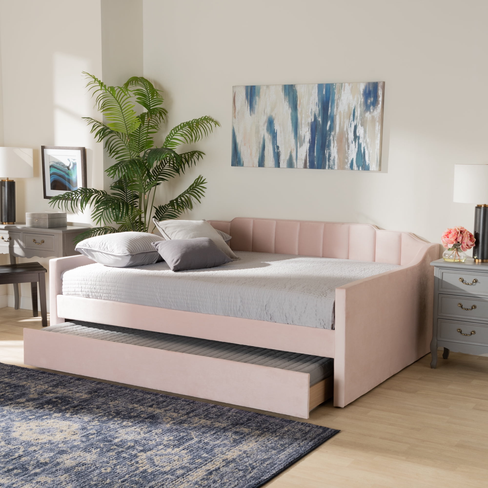 Baxton Studio Lennon Modern Engineered Wood with Trundle Daybed, Queen, Pink