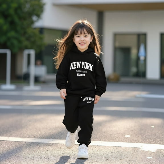 Kids Toddler Sweatsuit 2 Piece Long Sleeve Letter Printing Black Basic Hoodie and Active Jogger Pants Warm Fall Winter Clothes Size 2T Girls Clothes