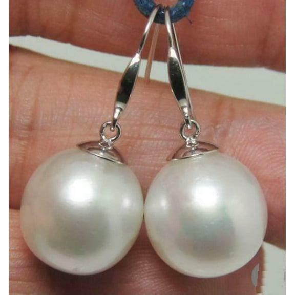 K-KED Huge Natural Round AAA  16mm White South Sea Shell Pearl 925 Silver Earrings