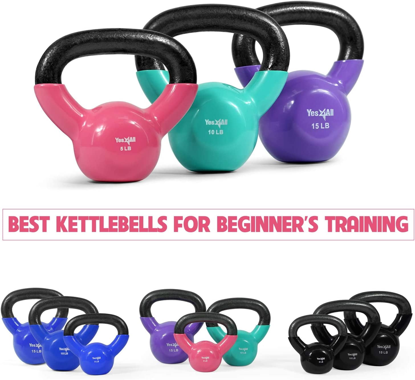 Yes4All 30 lb Vinyl Coated / PVC Kettlebell, Multicolor, Combo / Set, Includes 5-15lb