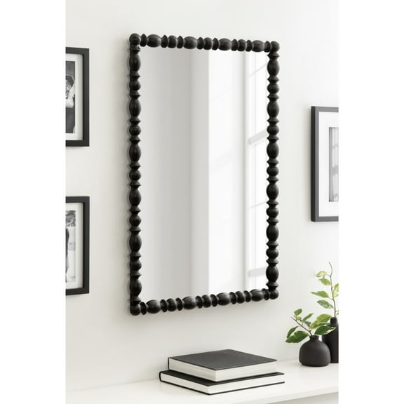 Kate and Laurel Prindle Turned Wood Beaded Rectangle Mirror, 23 x 34, Black, Vintage Rectangular Wall Mirror for Use as Fireplace Mantel Mirror Bathroom Mirror for Over Sink