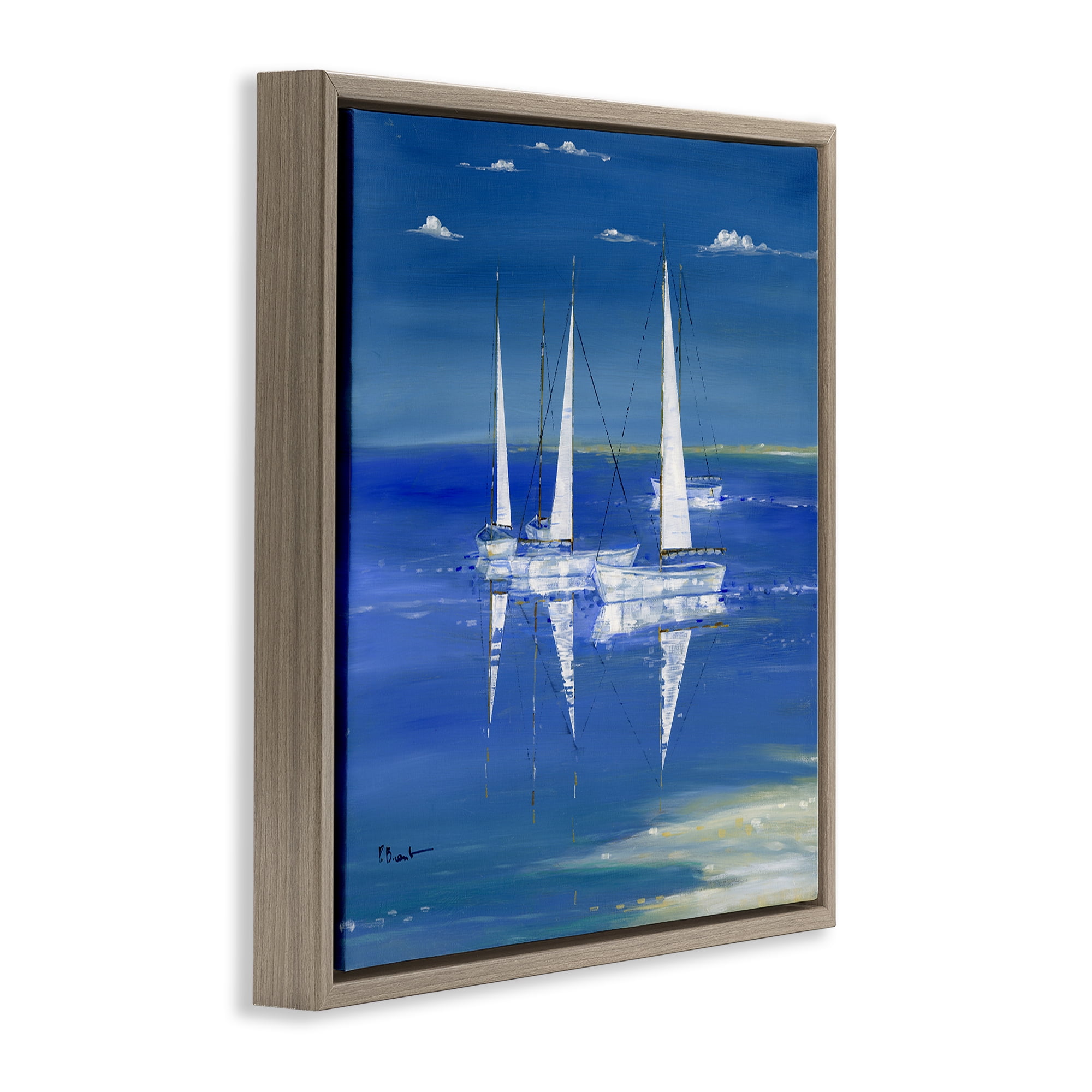 Stupell Industries Serenity Sailboats Reflected on Water Brown Framed Floater Canvas Wall Art, design by Paul Brent