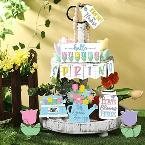 Easter Tray Decoration - St Patrick'S Day Hello Spring Tiered Tray Decor Wooden Table Signs Green Block Party Wood Table Centerpieces with Holder for Spring Home Holiday Decor, Mother'S Day