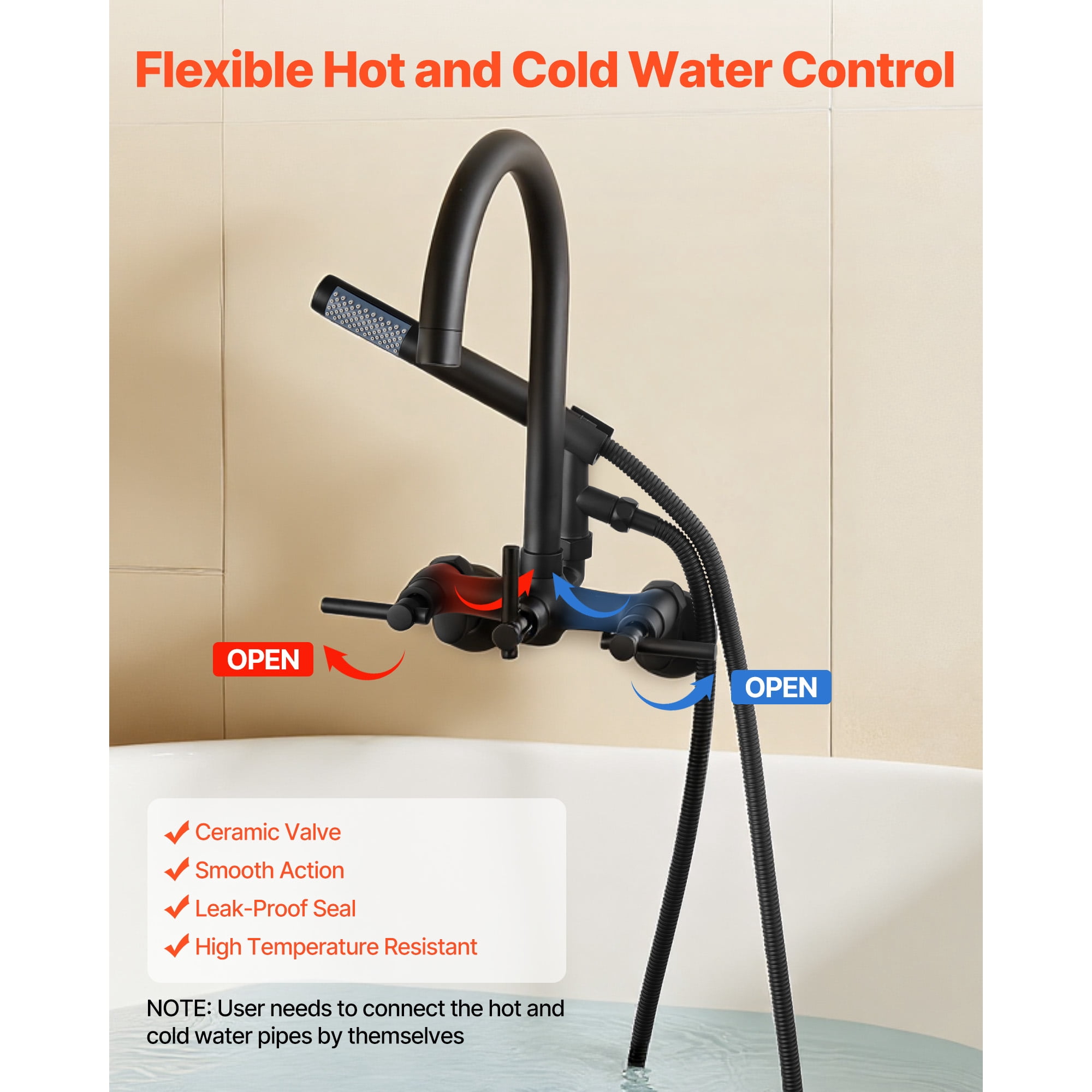 KFFKFF Wall-Mounted Clawfoot Tub Faucet with Handheld Shower, Vintage Matte Black Bathtub Filler Kit Featuring Adjustable Swing Arms & Rotating Gooseneck Spout for Bathtubs