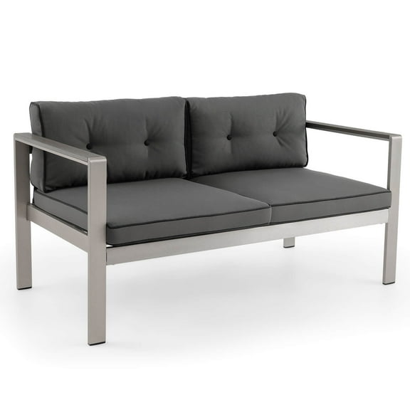 Costway Patio Aluminum Loveseat Sofa Outdoor Chair with WPC Armrests & Cushions Backyard