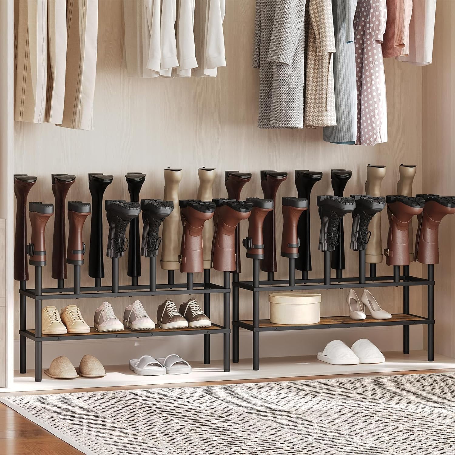 Free Standing Shoe Rack, Tall Boots Rack Organizer, Boot Organizer for Closet, Cowboy Shoes Storage, Holds 6 Pairs, Black and Rustic Brown SS09BRY1