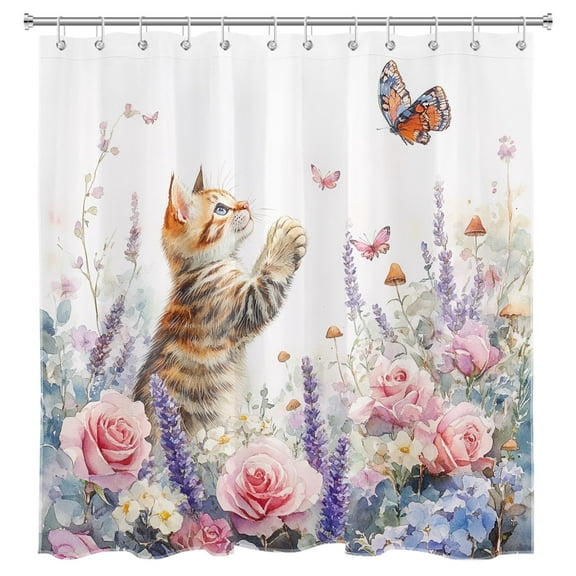 Funny Cat Shower Curtain Colorful Wildflowers Cute Animal Fluttering Butterfly Bathroom Shower Curtain Rustic Spring Plant Art Shower Curtain Home Decor with 12 Hooks 72x72 Inches