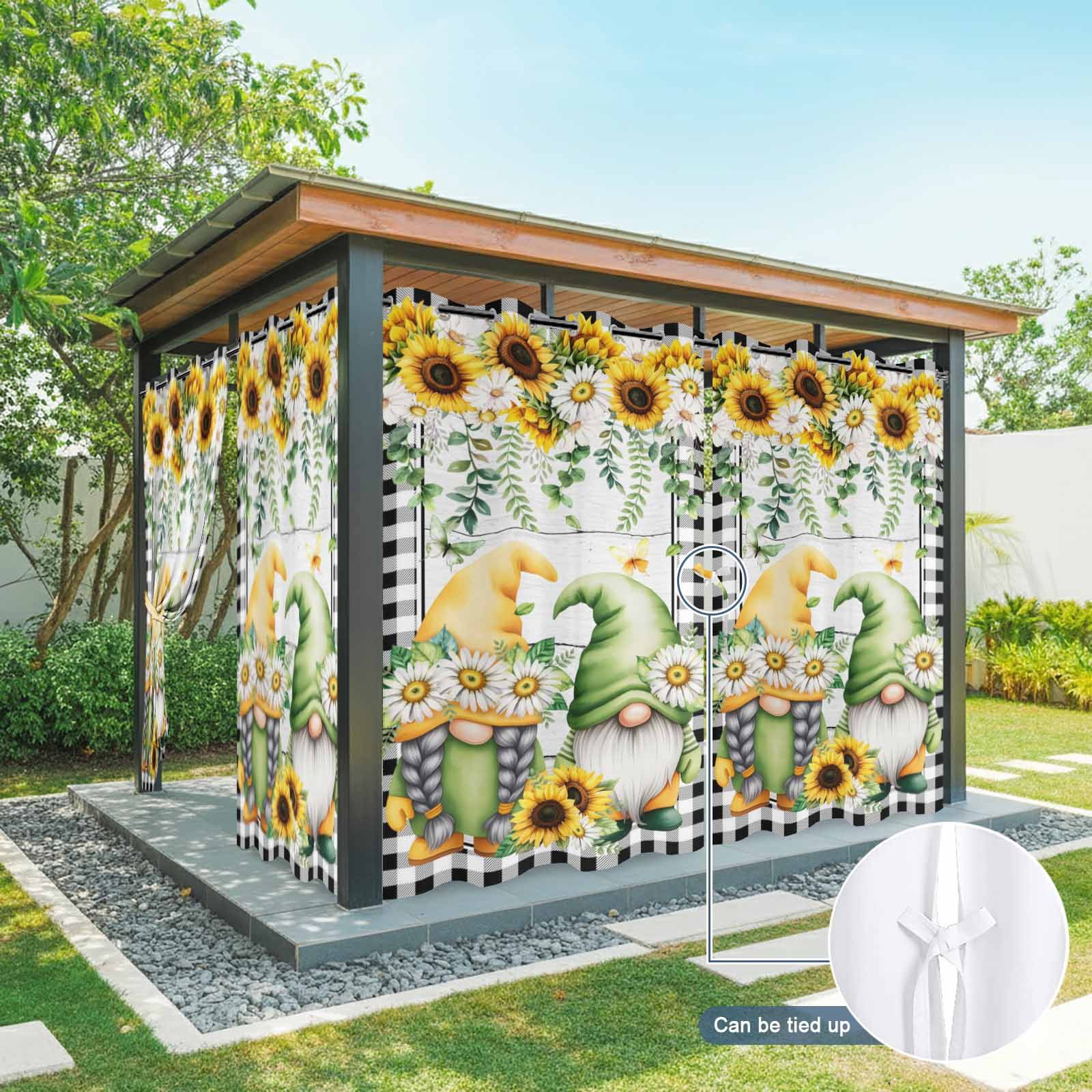 1 Panel Outdoor Curtains for Patio Waterproof 54"x95" Sunflower Gnomes Weatherproof Privacy Outsides Curtains, Spring Farmhouse Daisy Leaf Wooden Grain Grommet Thermal Drapes for Cabana Porch Pergola